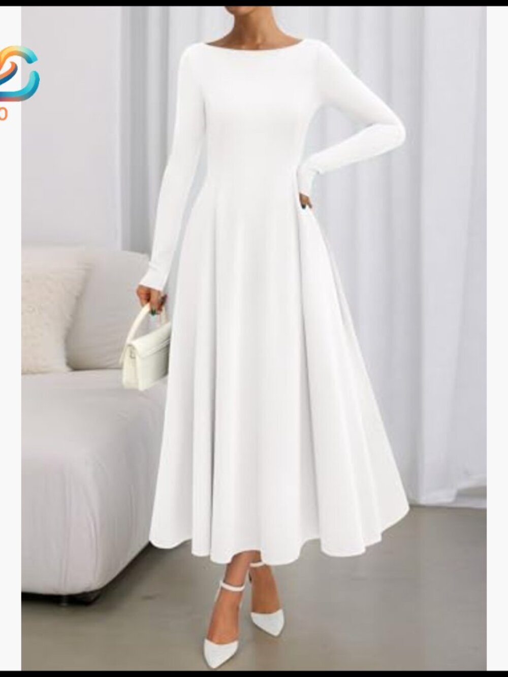 Long Sleeve Maxi Dress Boat Neck A-Line Flowy Knit Party Cocktail - Picture 4 of 7